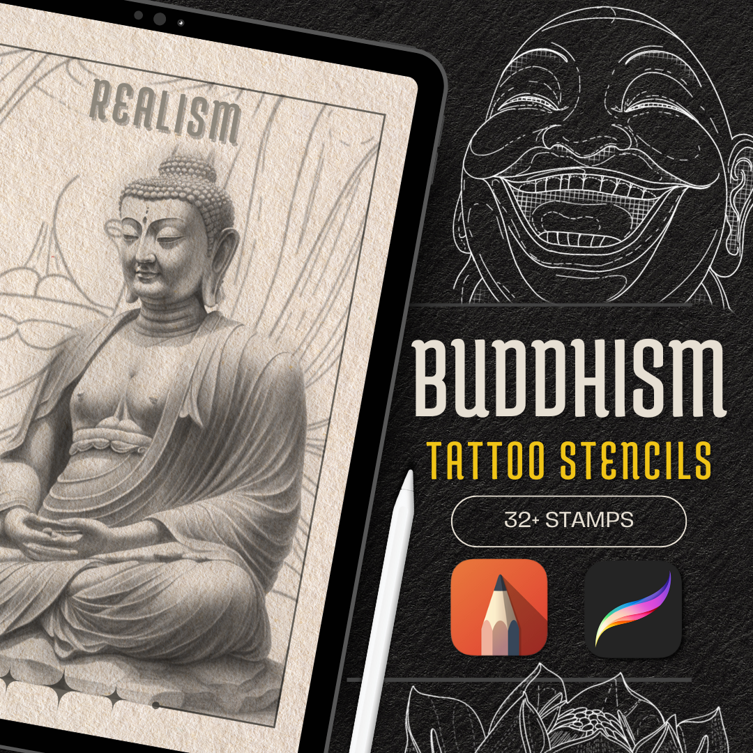 Buddhism – Realism Tattoo Stencil Pack | 32 Designs for Procreate, Sketchbook & Print