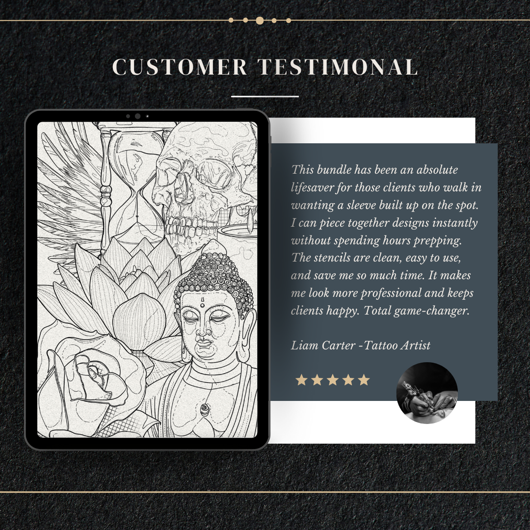 Coleção Completa de Stencils para Tatuagem | 804 designs desenhados à mão para Procreate e impressão