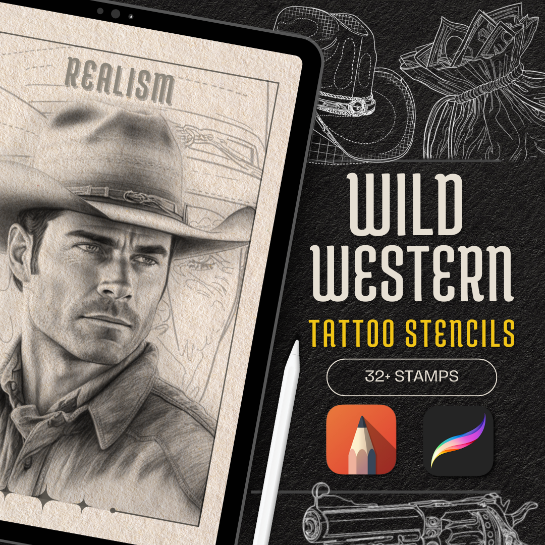 Wild West – Realism Tattoo Stencil Pack | 32 Designs for Procreate, Sketchbook & Print