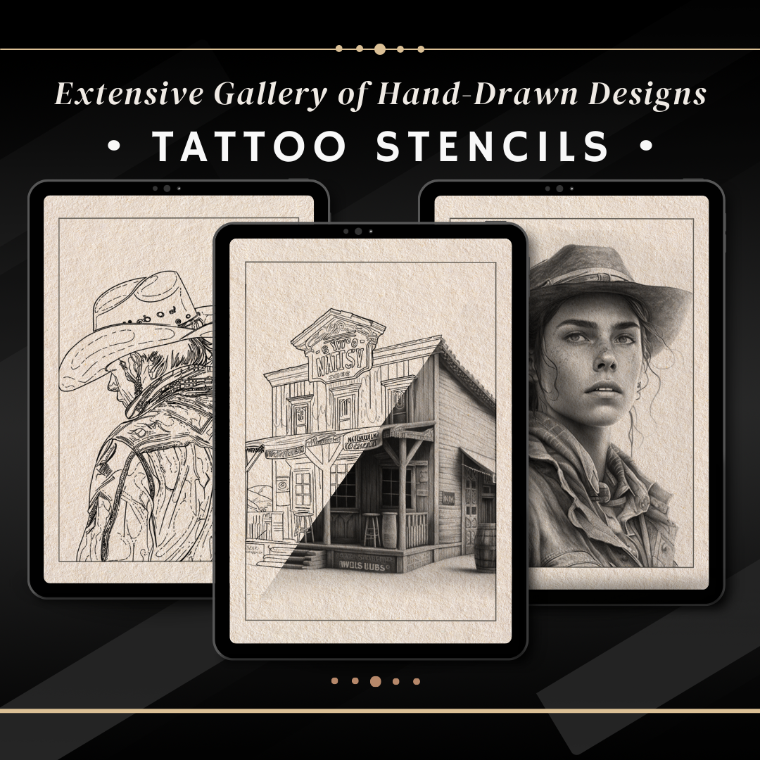 Wild West – Realism Tattoo Stencil Pack | 32 Designs for Procreate, Sketchbook & Print
