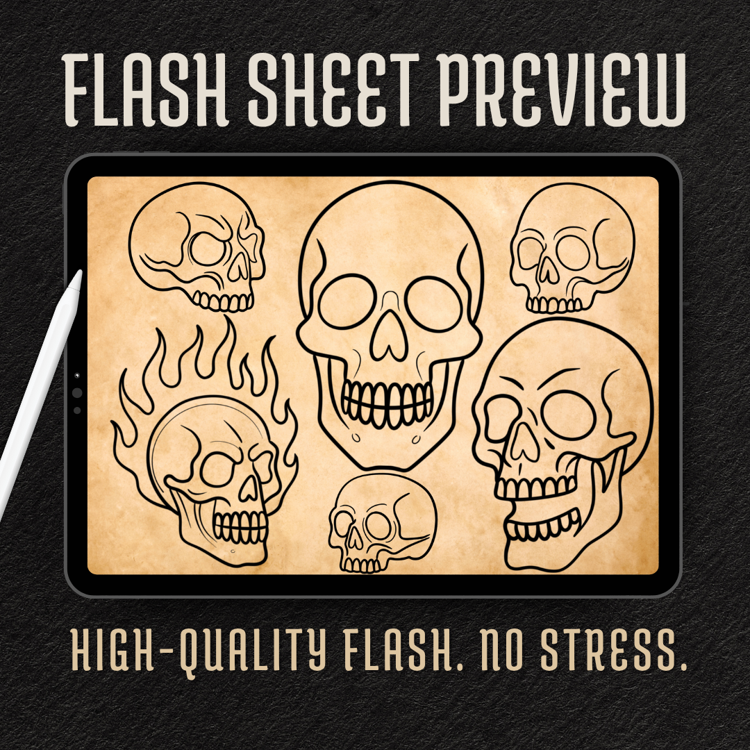Traditional Skulls – Flash Stamp Pack (50 Outlines for Procreate, Sketchbook & Print)