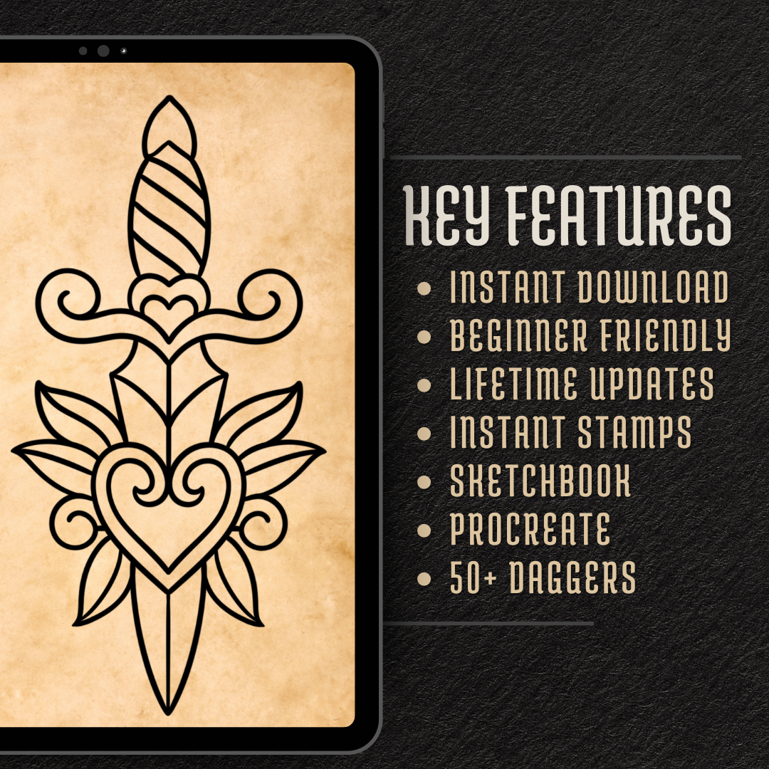 Traditional Daggers – Flash Stamp Pack (50 Outlines for Procreate, Sketchbook & Print)