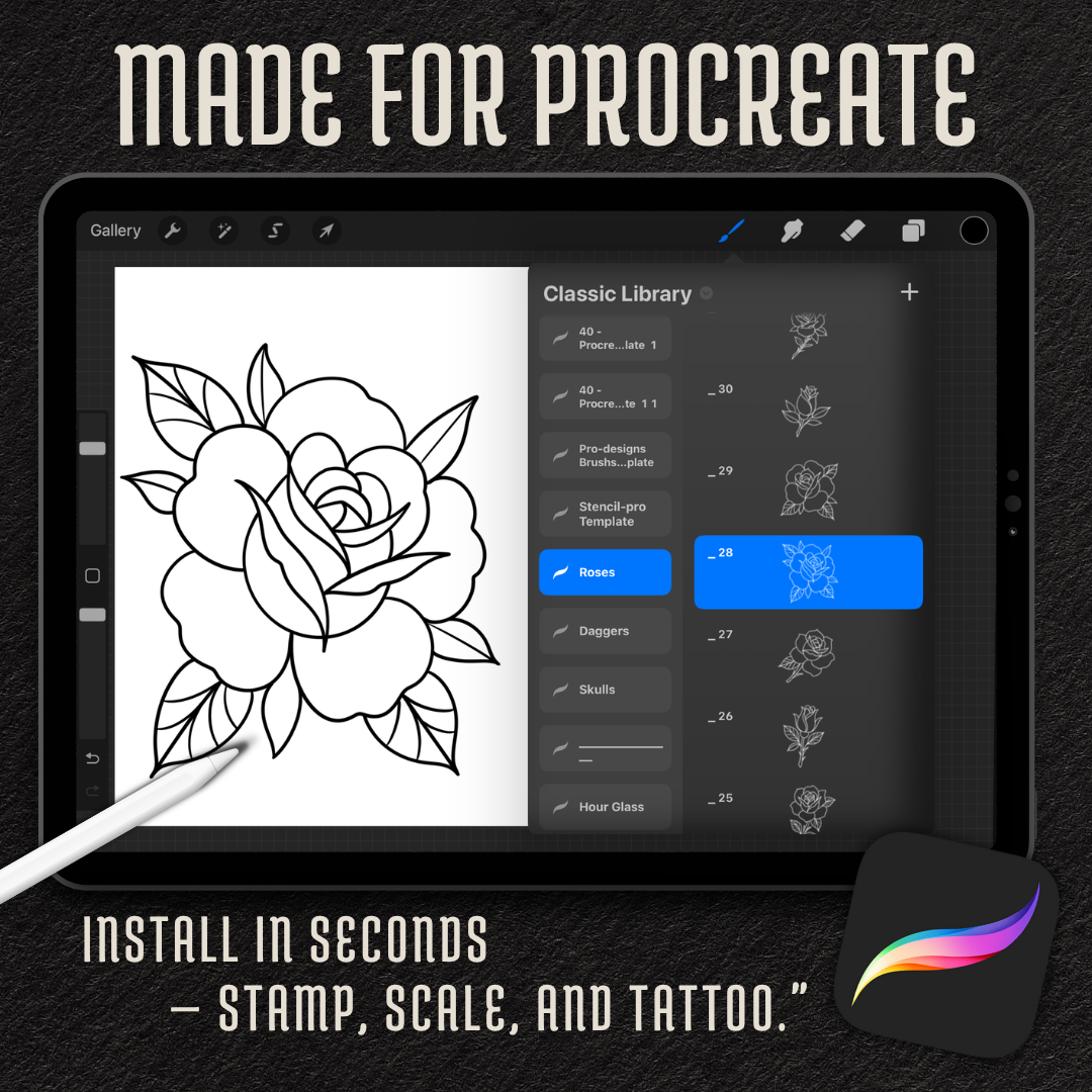 Traditional Roses – Flash Stamp Pack (50 Outlines for Procreate, Sketchbook & Print)
