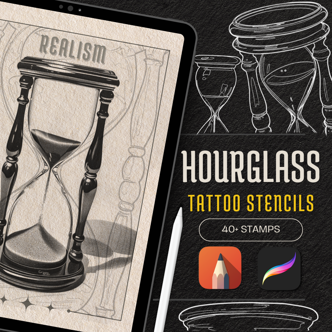 Hourglasses – Realism Tattoo Stencil Pack | 40 Designs for Procreate, Sketchbook & Print