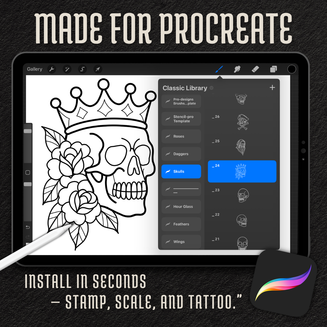 Traditional Skulls – Flash Stamp Pack (50 Outlines for Procreate, Sketchbook & Print)