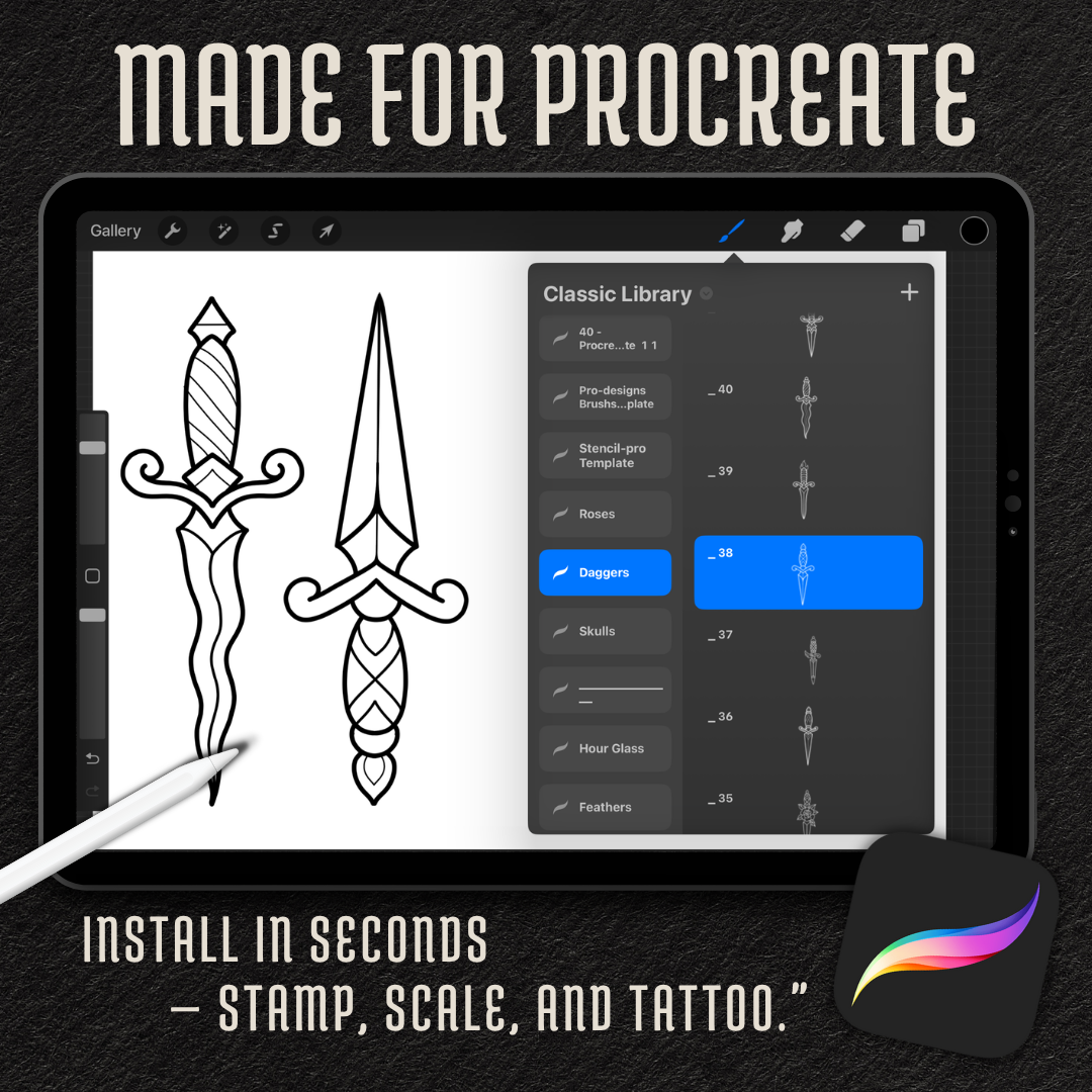 Traditional Daggers – Flash Stamp Pack (50 Outlines for Procreate, Sketchbook & Print)