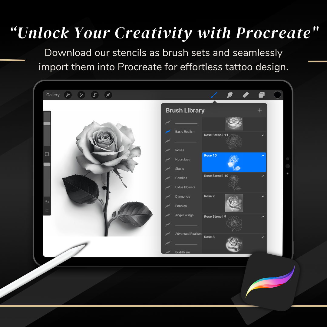 Roses – Realism Tattoo Stencil Pack | 40 Designs for Procreate, Sketchbook & Print