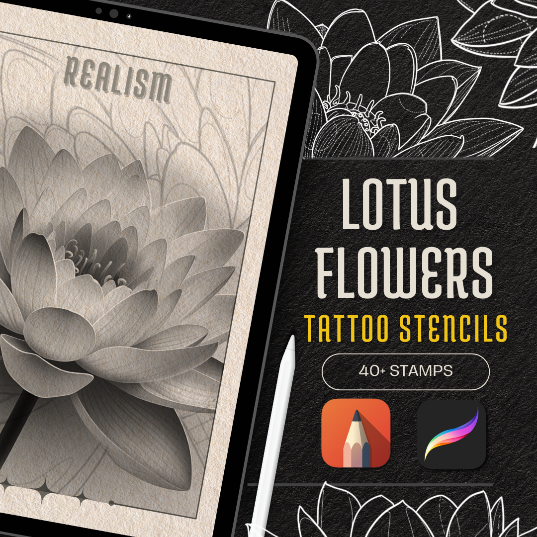 Lotus Flowers – Realism Tattoo Stencil Pack | 40 Designs for Procreate, Sketchbook & Print