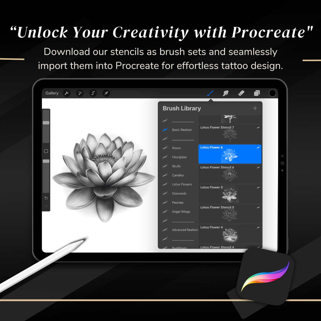Lotus Flowers – Realism Tattoo Stencil Pack | 40 Designs for Procreate, Sketchbook & Print