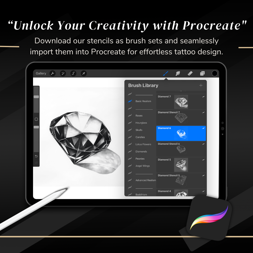 Diamonds – Realism Tattoo Stencil Pack | 40 Designs for Procreate, Sketchbook & Print