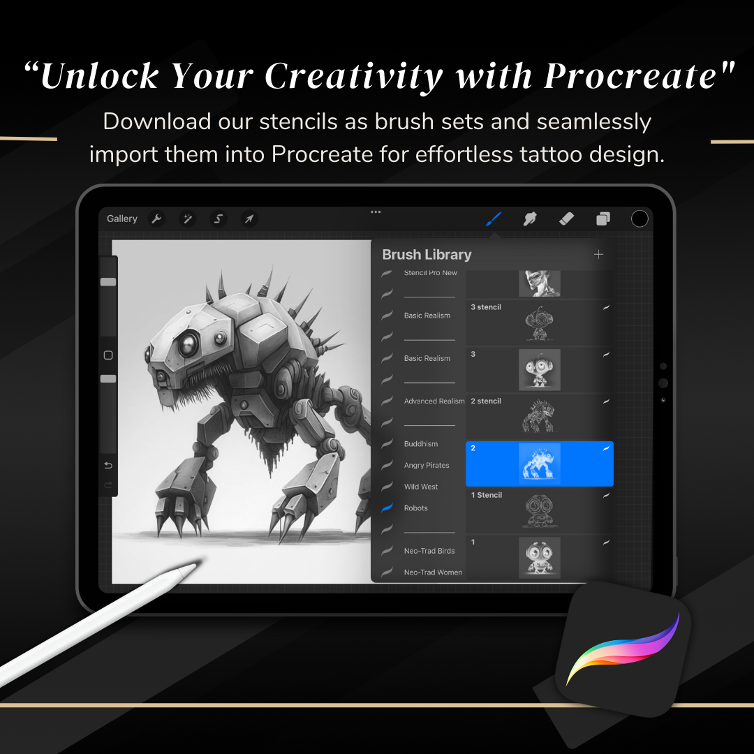 Robots – Realism Tattoo Stencil Pack | 32 Designs for Procreate, Sketchbook & Print
