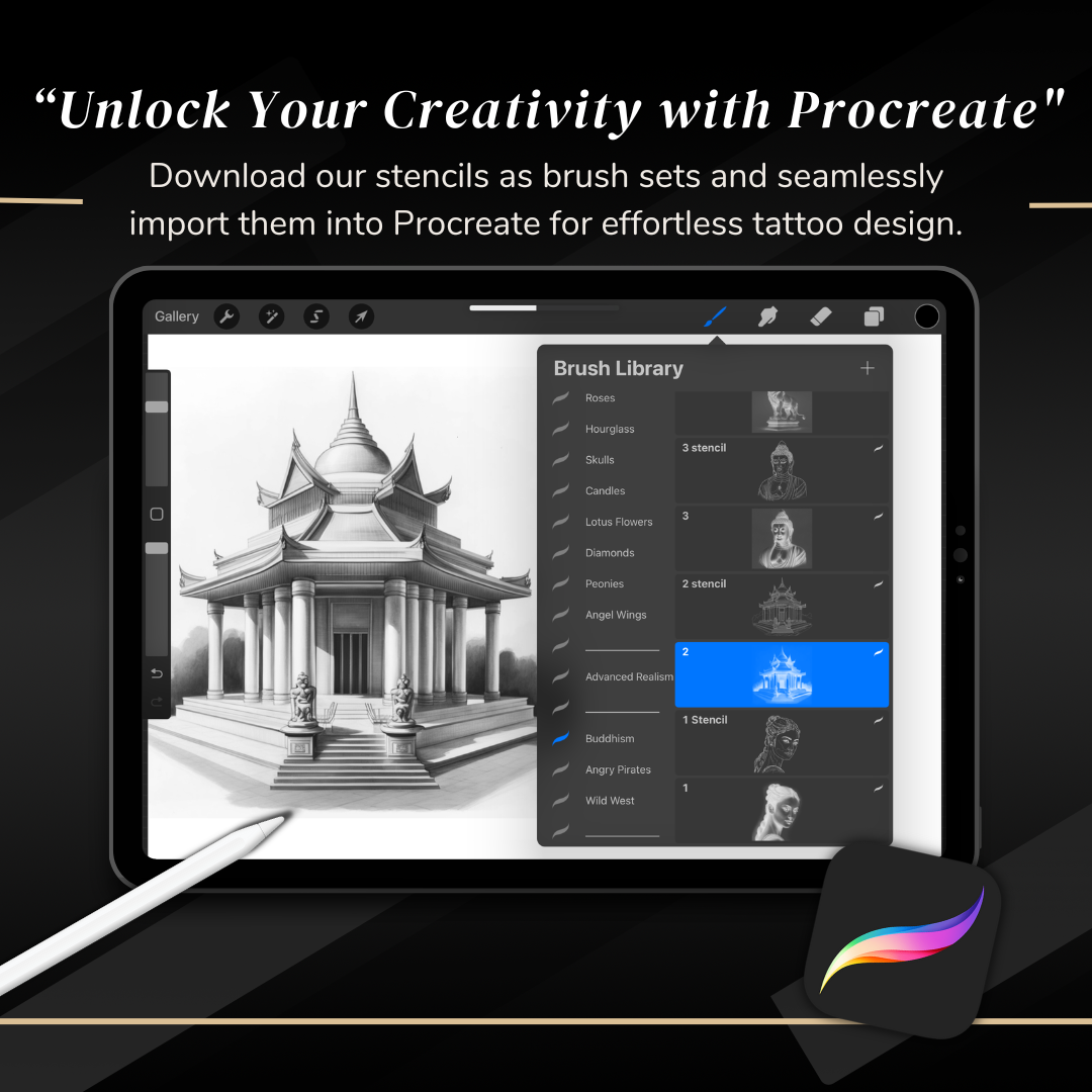 Buddhism – Realism Tattoo Stencil Pack | 32 Designs for Procreate, Sketchbook & Print