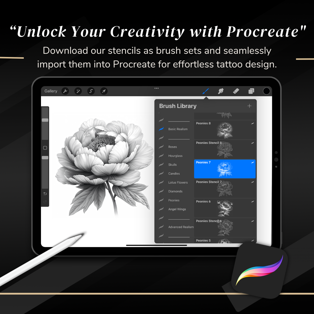Peonies – Realism Tattoo Stencil Pack | 40 Designs for Procreate, Sketchbook & Print