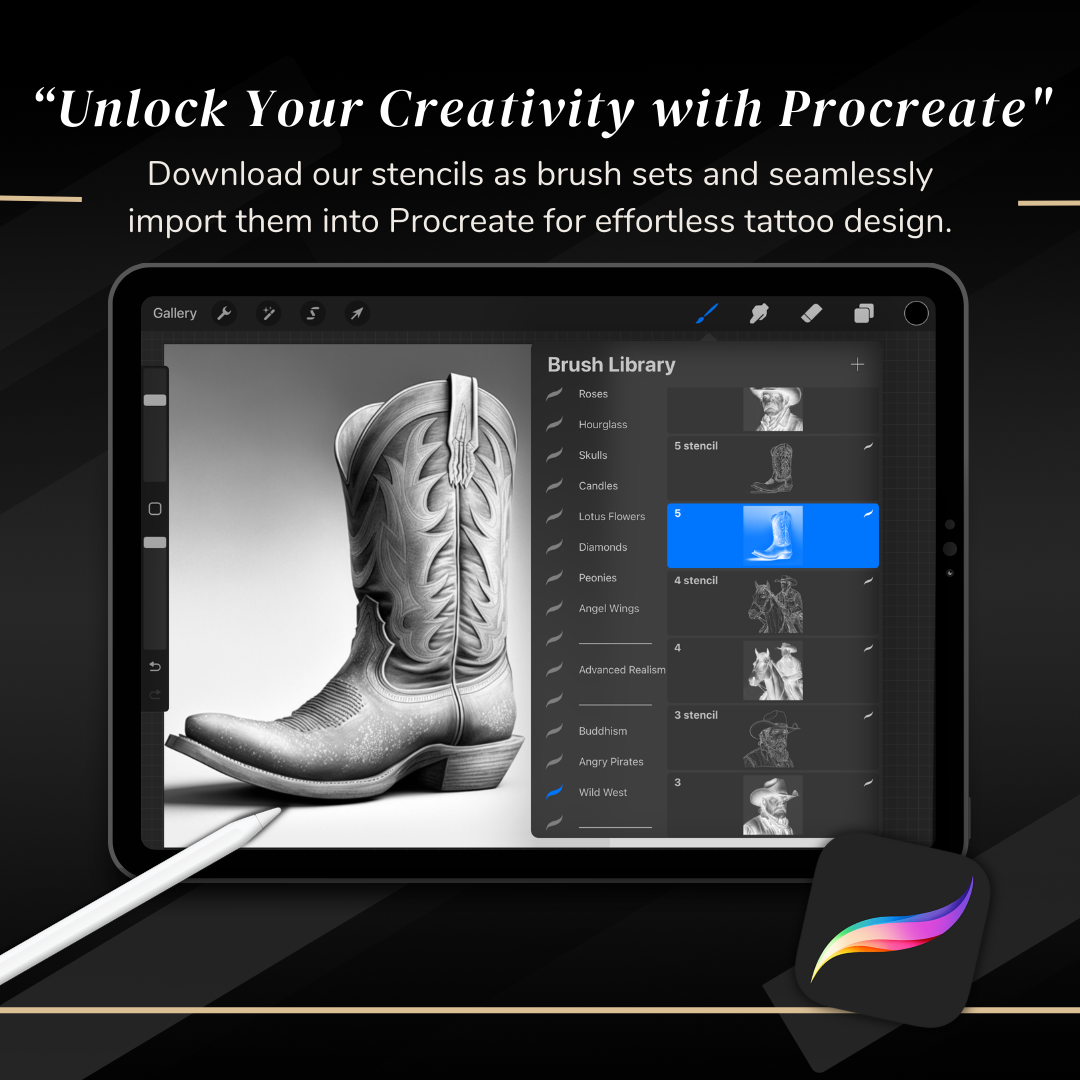 Wild West – Realism Tattoo Stencil Pack | 32 Designs for Procreate, Sketchbook & Print