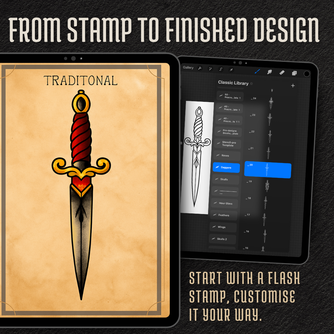 Traditional Daggers – Flash Stamp Pack (50 Outlines for Procreate, Sketchbook & Print)