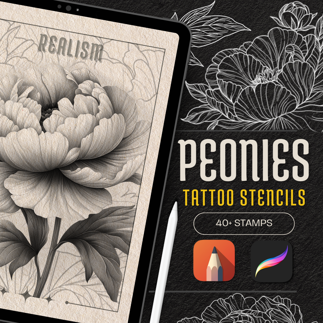 Peonies – Realism Tattoo Stencil Pack | 40 Designs for Procreate, Sketchbook & Print