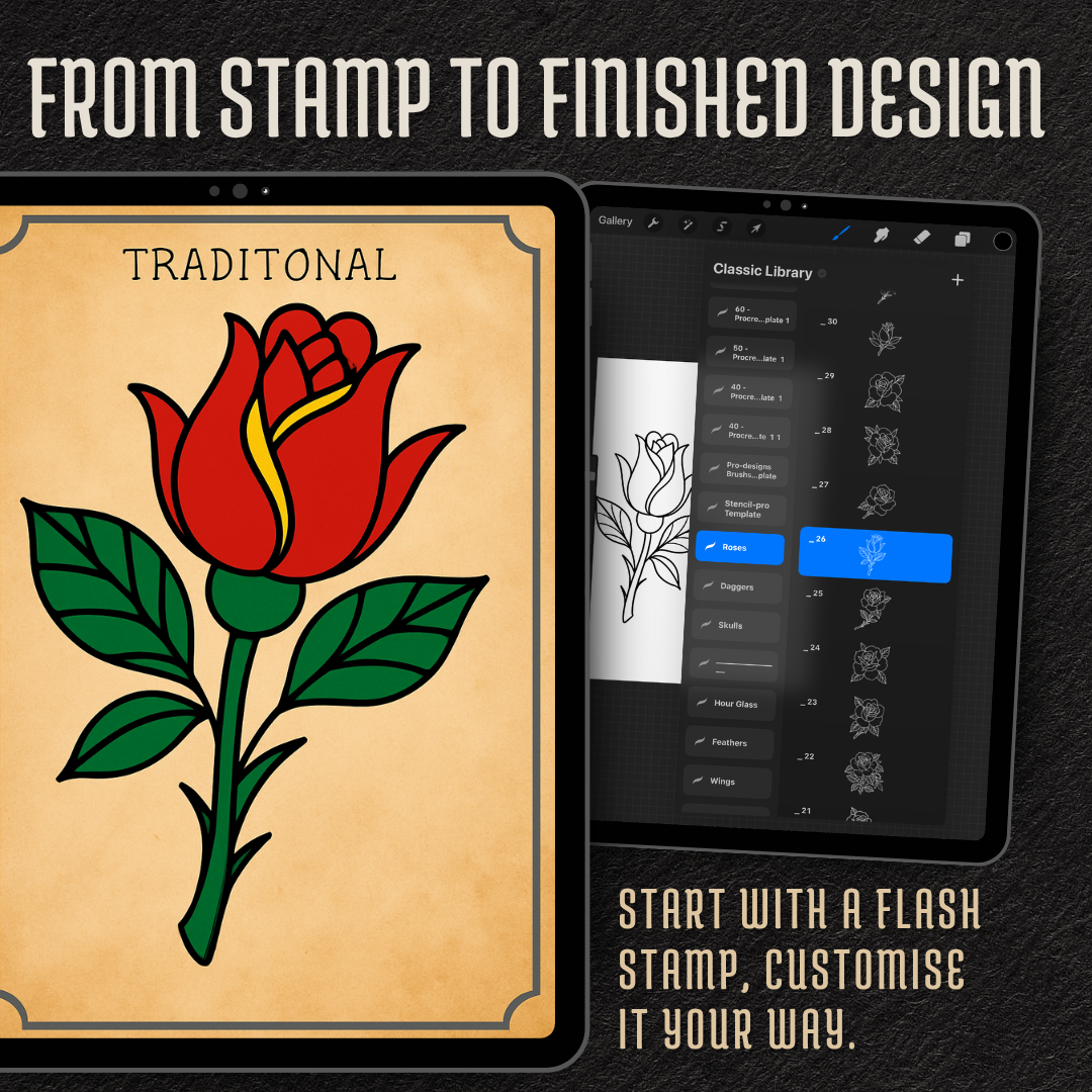 Traditional Roses – Flash Stamp Pack (50 Outlines for Procreate, Sketchbook & Print)