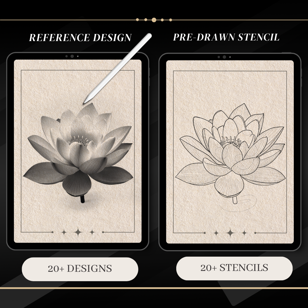 Lotus Flowers – Realism Tattoo Stencil Pack | 40 Designs for Procreate, Sketchbook & Print