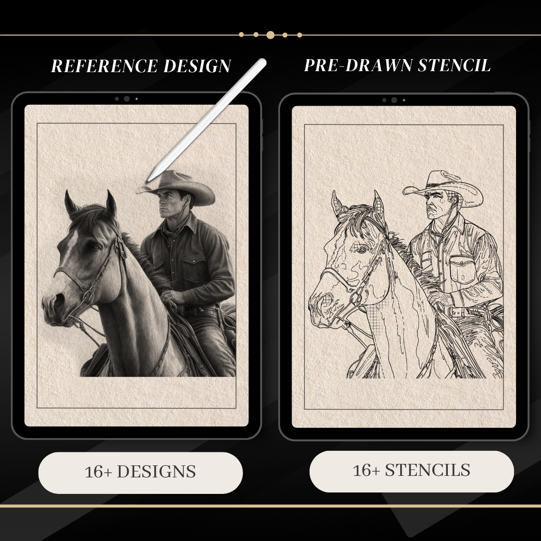 Wild West – Realism Tattoo Stencil Pack | 32 Designs for Procreate, Sketchbook & Print