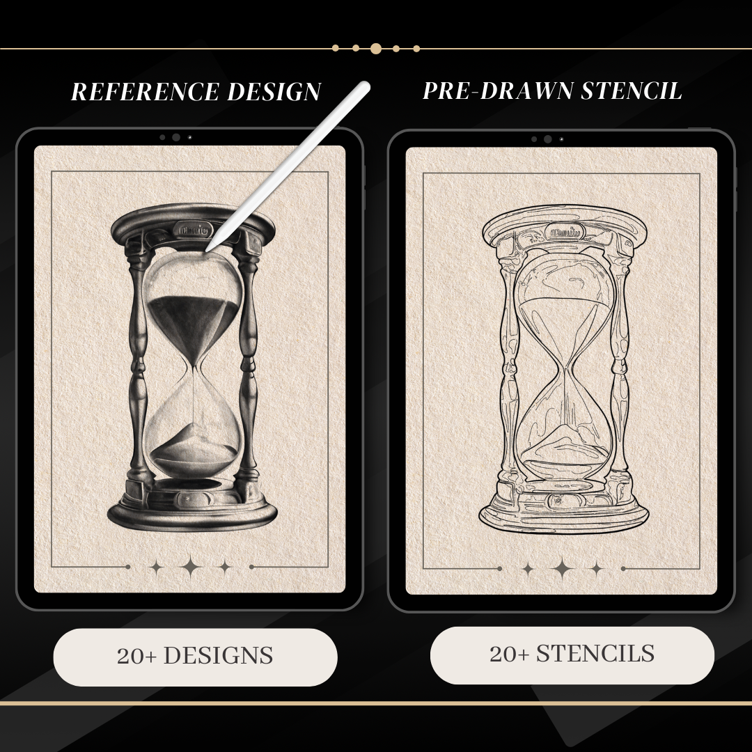 Hourglasses – Realism Tattoo Stencil Pack | 40 Designs for Procreate, Sketchbook & Print