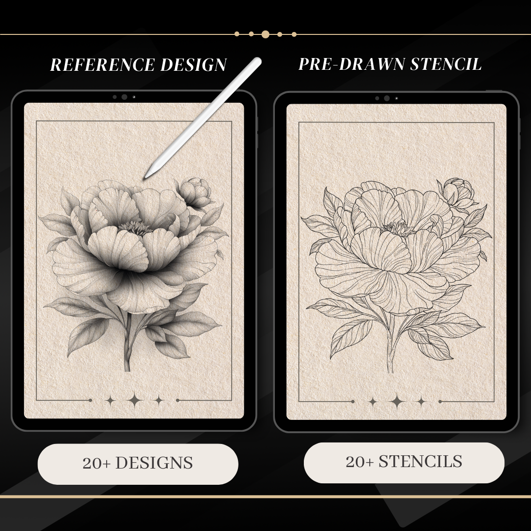 Peonies – Realism Tattoo Stencil Pack | 40 Designs for Procreate, Sketchbook & Print