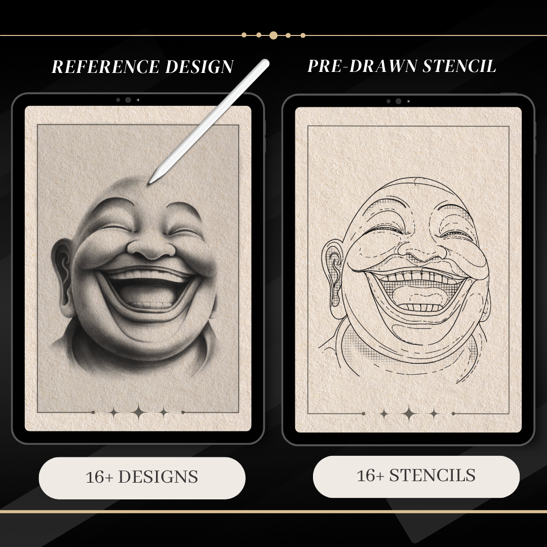 Buddhism – Realism Tattoo Stencil Pack | 32 Designs for Procreate, Sketchbook & Print
