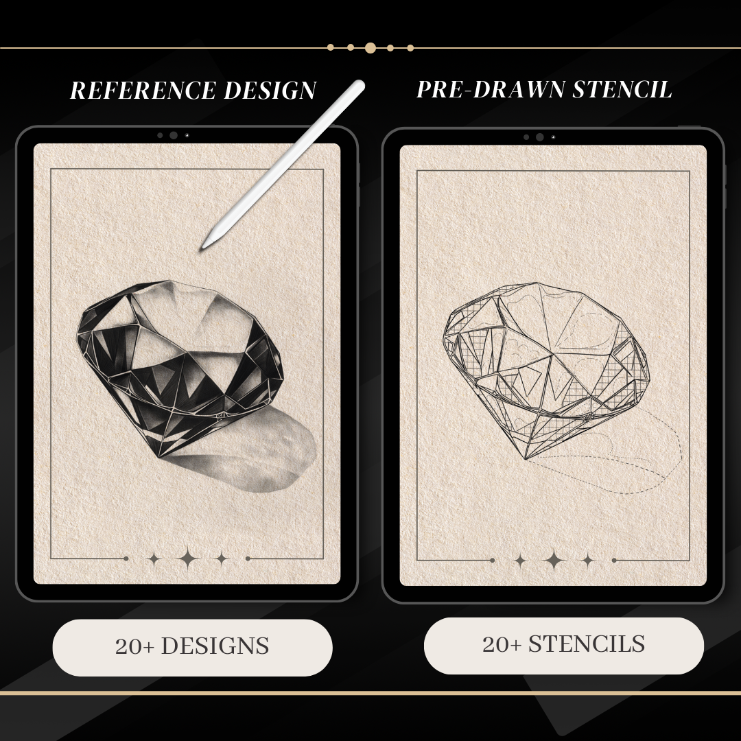 Diamonds – Realism Tattoo Stencil Pack | 40 Designs for Procreate, Sketchbook & Print