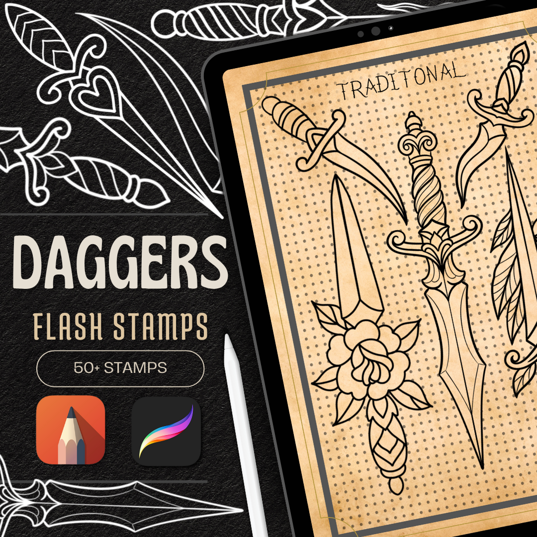 Traditional Daggers – Flash Stamp Pack (50 Outlines for Procreate, Sketchbook & Print)