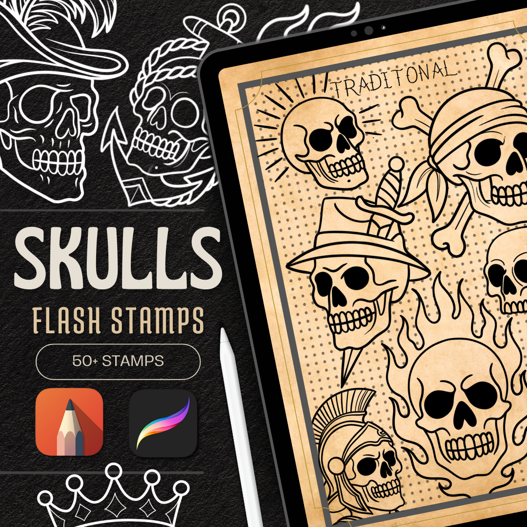 Traditional Skulls – Flash Stamp Pack (50 Outlines for Procreate, Sketchbook & Print)