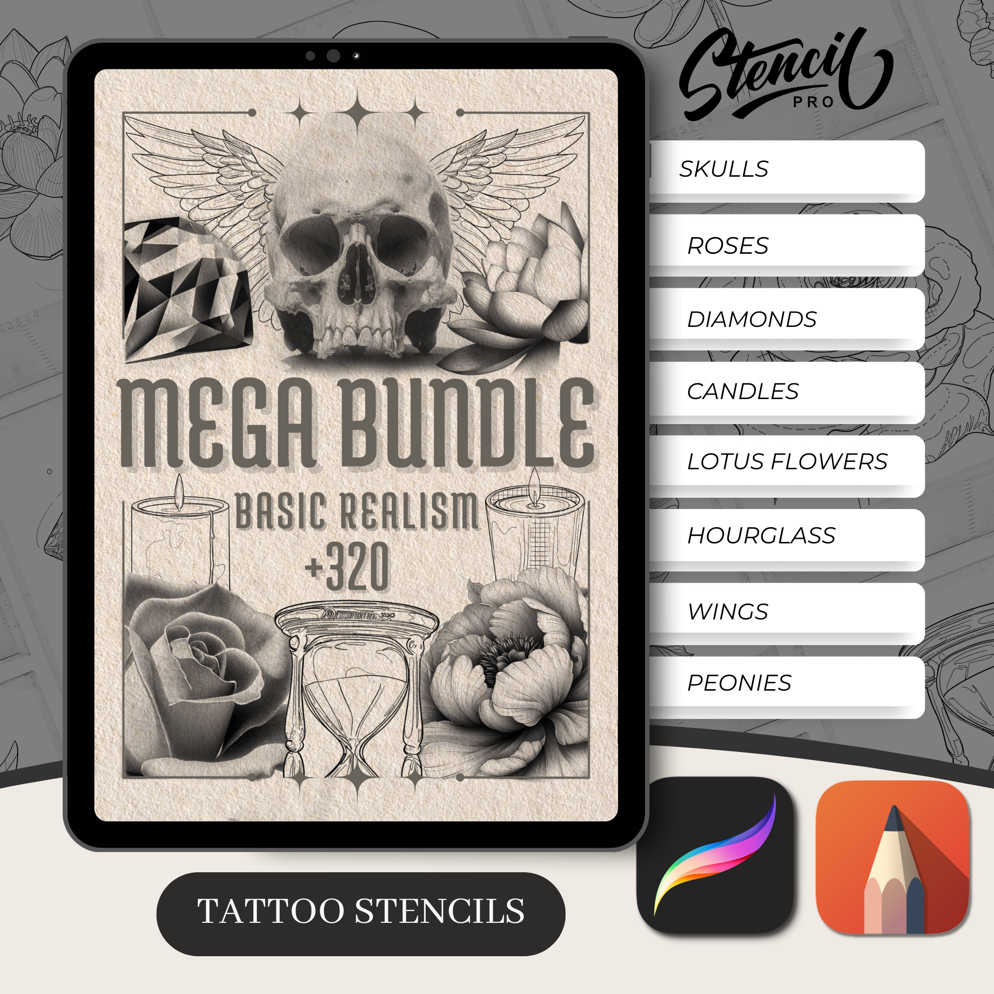 Basic Realism Mega Bundle – 8 Tattoo-Schablonen und Referenzpakete | Procreate- und Skizzenbuchpinsel | PDF-E-Book und PNG-Dateien