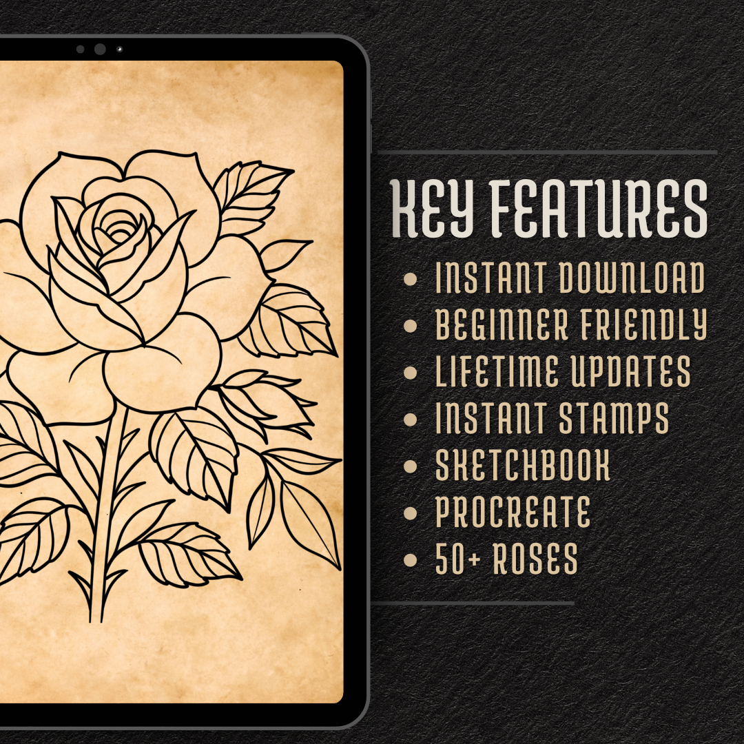 Traditional Roses – Flash Stamp Pack (50 Outlines for Procreate, Sketchbook & Print)