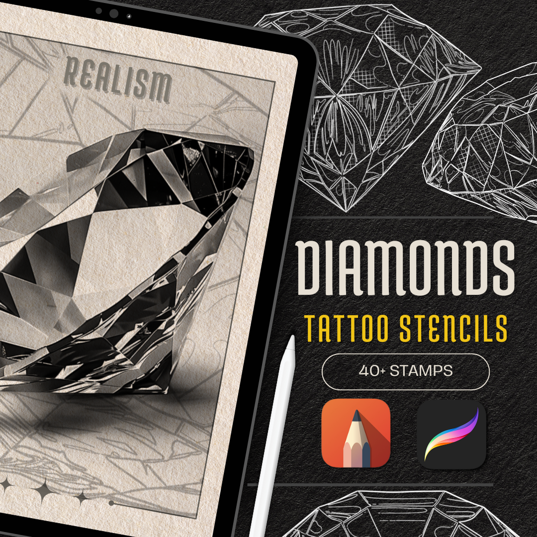Diamonds – Realism Tattoo Stencil Pack | 40 Designs for Procreate, Sketchbook & Print