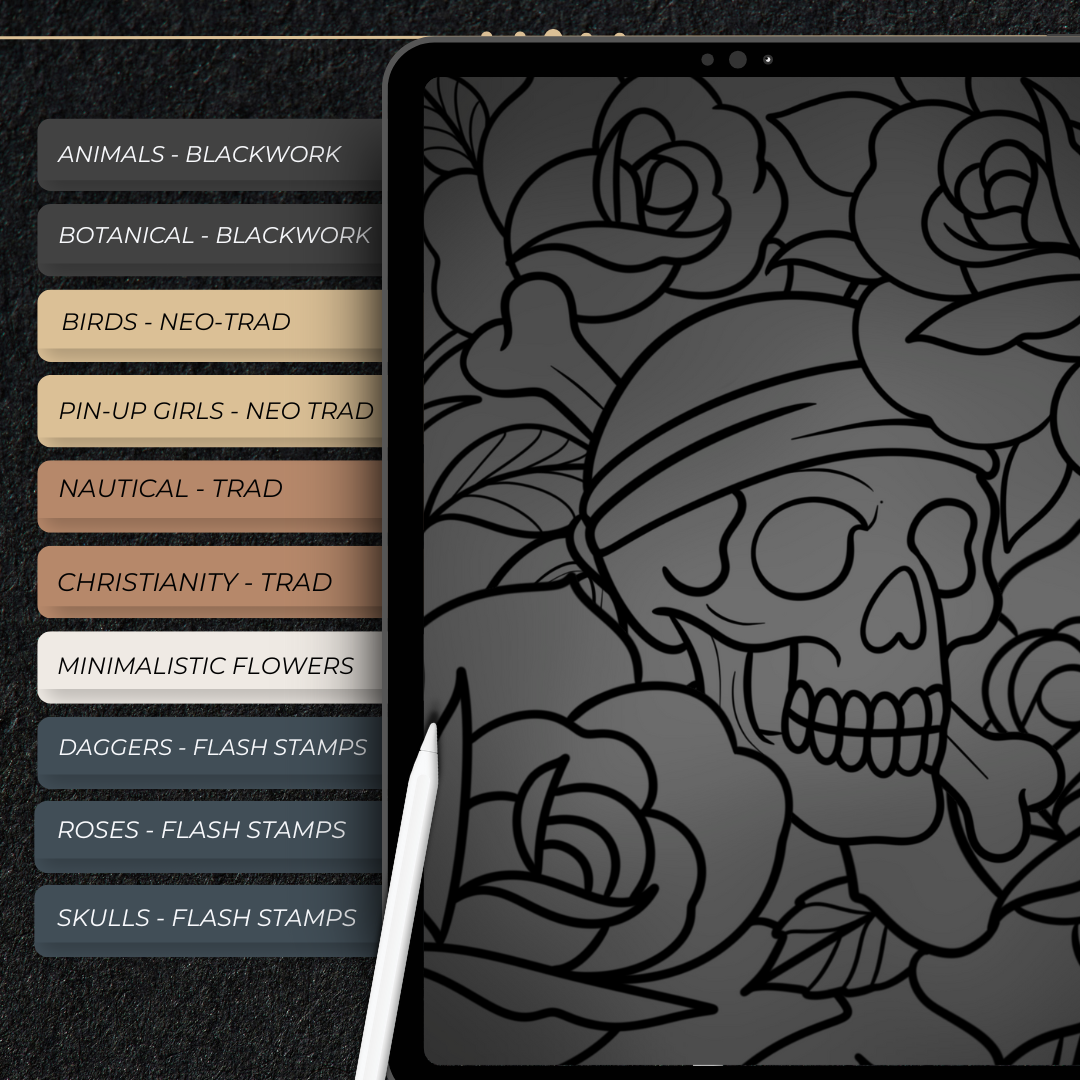 Coleção Completa de Stencils para Tatuagem | 804 designs desenhados à mão para Procreate e impressão
