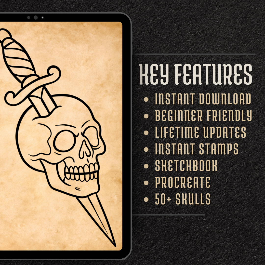 Traditional Skulls – Flash Stamp Pack (50 Outlines for Procreate, Sketchbook & Print)