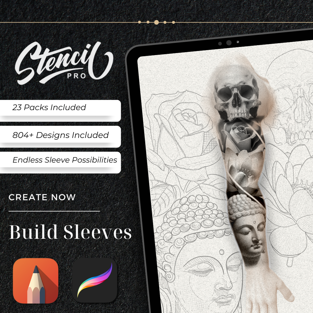 Coleção Completa de Stencils para Tatuagem | 804 designs desenhados à mão para Procreate e impressão