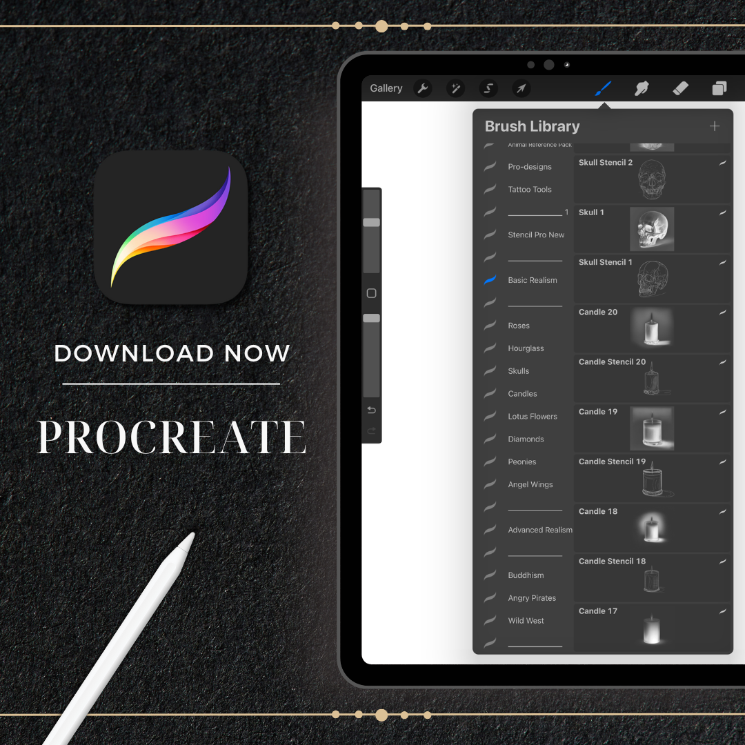 Coleção Completa de Stencils para Tatuagem | 804 designs desenhados à mão para Procreate e impressão