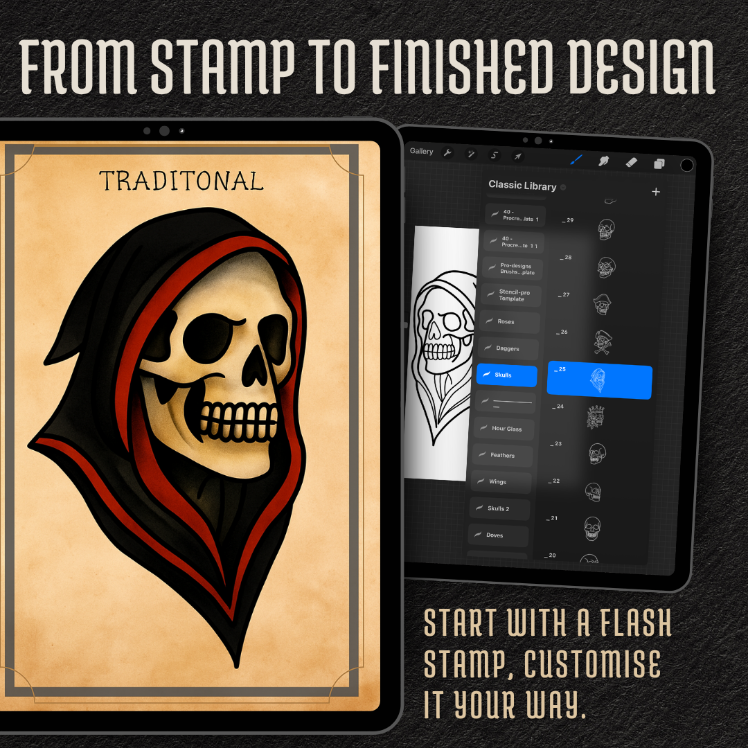 Traditional Skulls – Flash Stamp Pack (50 Outlines for Procreate, Sketchbook & Print)