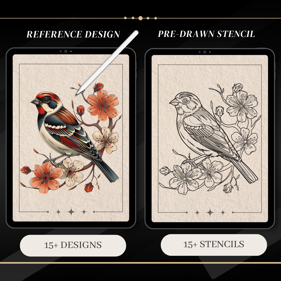 Neo-Traditional Birds | 30 Stencils & Reference Designs