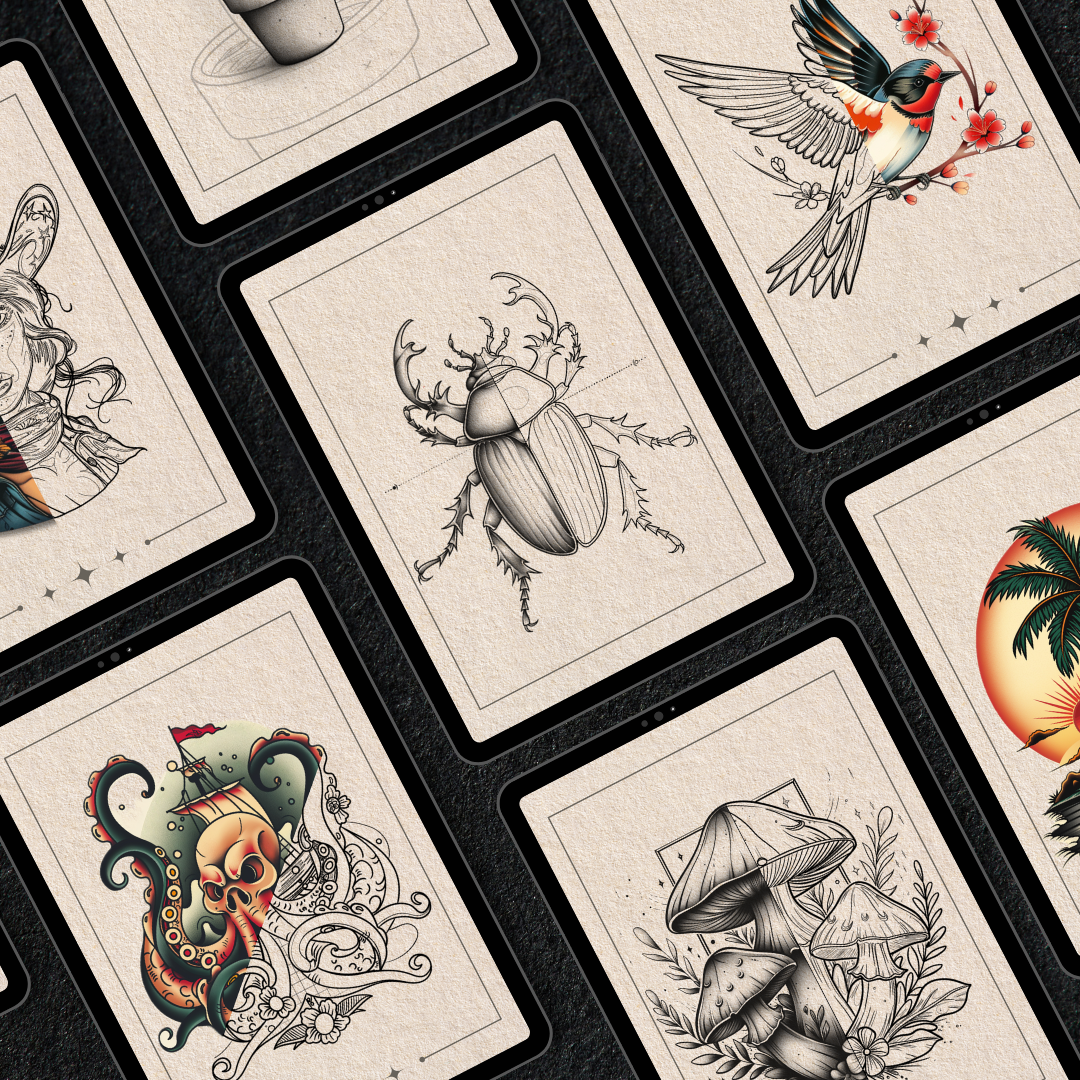 Coleção Completa de Stencils para Tatuagem | 804 designs desenhados à mão para Procreate e impressão