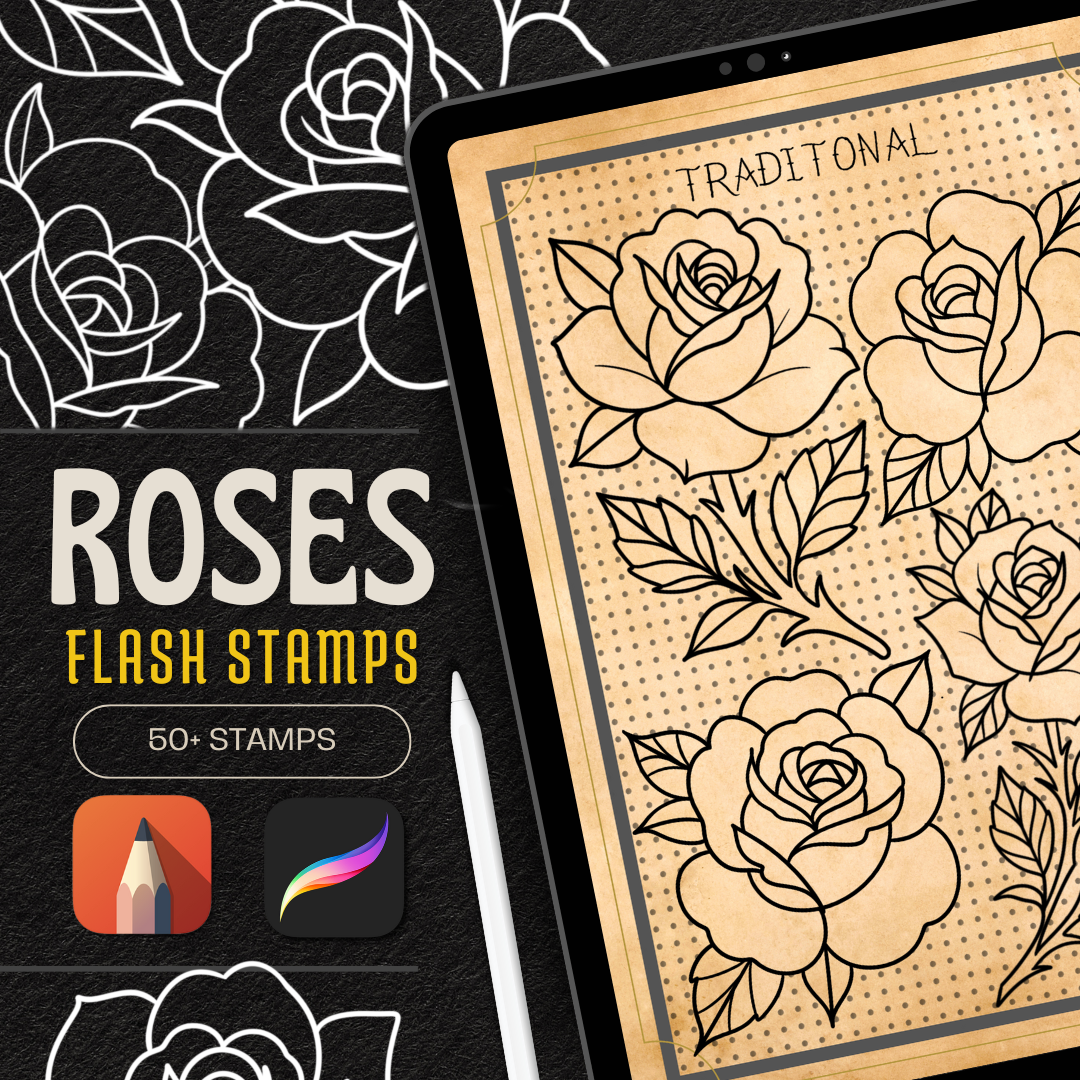 Traditional Roses – Flash Stamp Pack (50 Outlines for Procreate, Sketchbook & Print)