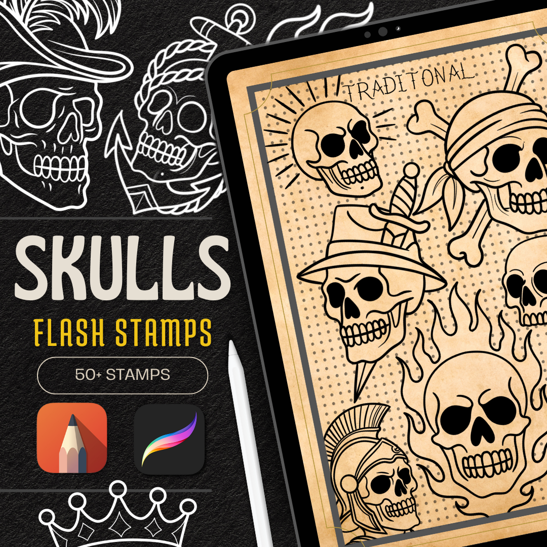 Traditional Skulls – Flash Stamp Pack (50 Outlines for Procreate, Sketchbook & Print)