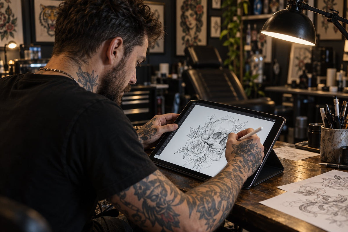 A tattoo artist drawing a design on a tablet in a studio