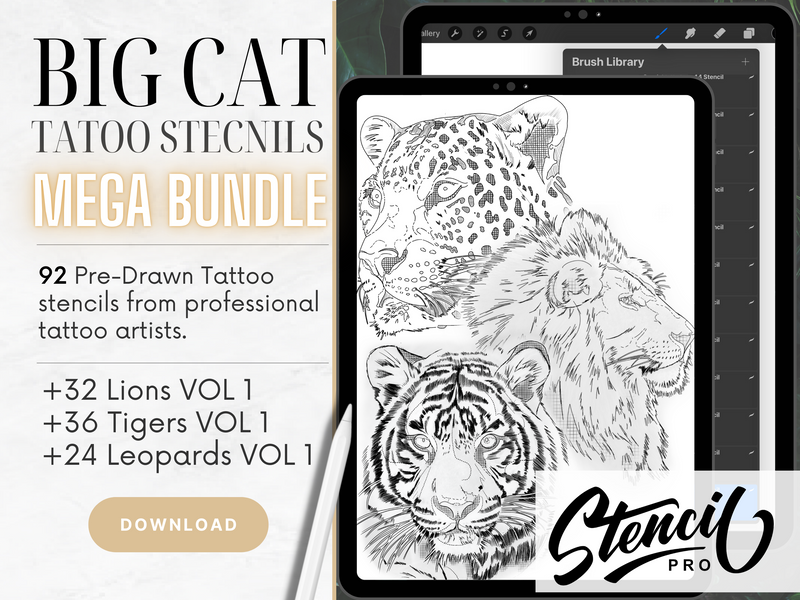 BIG Cat Bundle - X3 Tiger / lion / léopard Brosses Procreate Tattoo Stencil & Reference Kit (avec images de référence incluses)