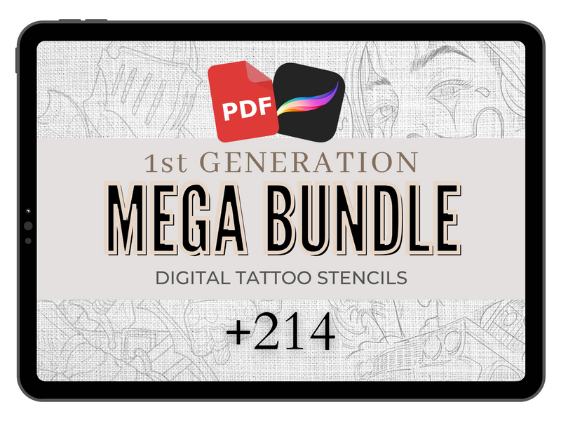 MEGA BUNDLE (1a generazione) - +214 pennelli Procreate Tattoo Stencil & Kit di riferimento (con link di riferimento scaricabili inclusi)